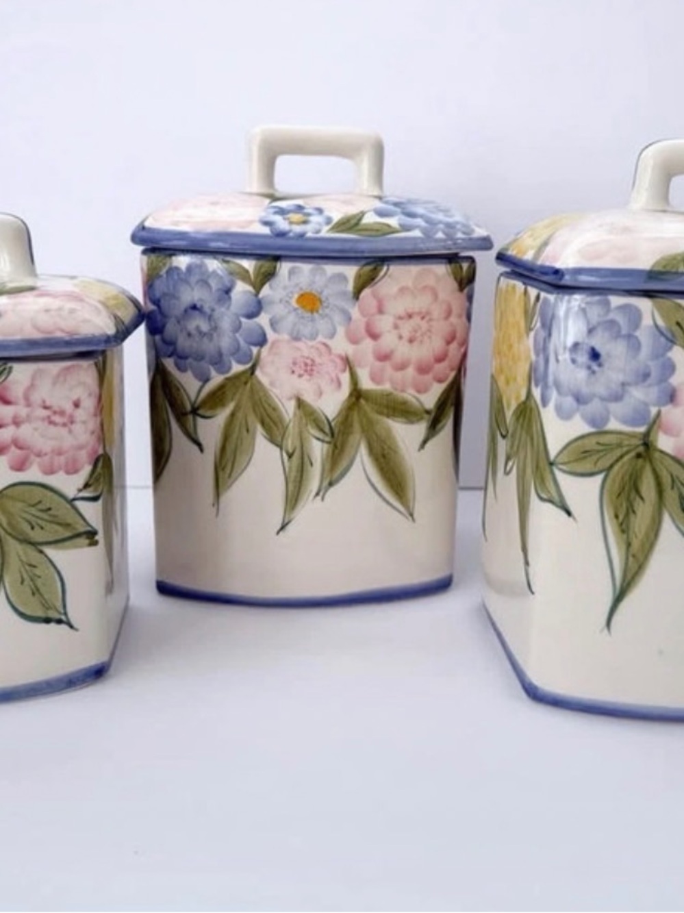 Hand-Painted Ceramic Kitchen Canister Set - Pink & Blue Floral